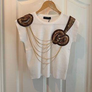 Balmain Ivory Knit Gold Sequins and Chain top- NWT